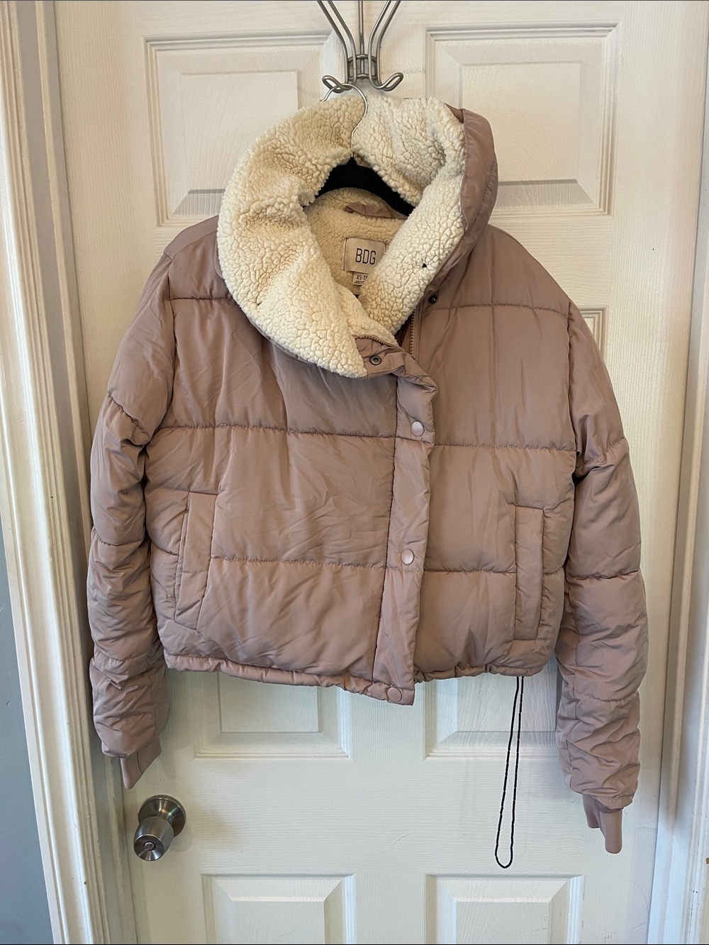 Urban Outfitter BDG Cropped Pinkish Taupe Puffer Jacket with Cream Sherpa Hood